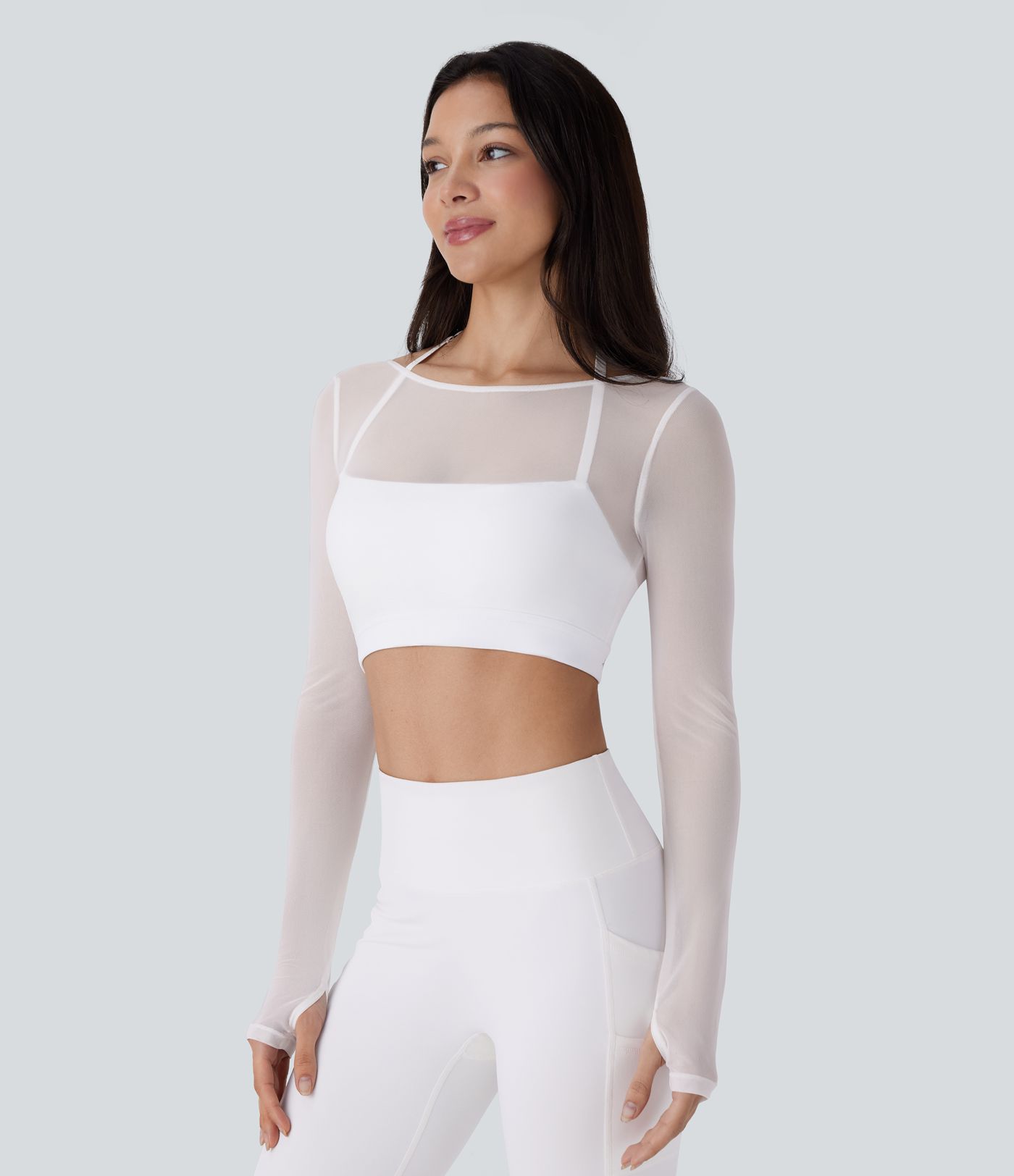 Halter Long Sleeve Thumb Hole Contrast Mesh 2-in-1 Cropped Yoga Sports Top