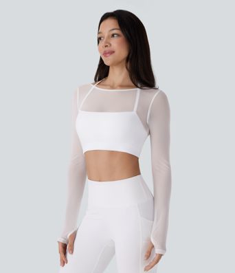 Halter Long Sleeve Thumb Hole Contrast Mesh 2-in-1 Cropped Yoga Sports Top