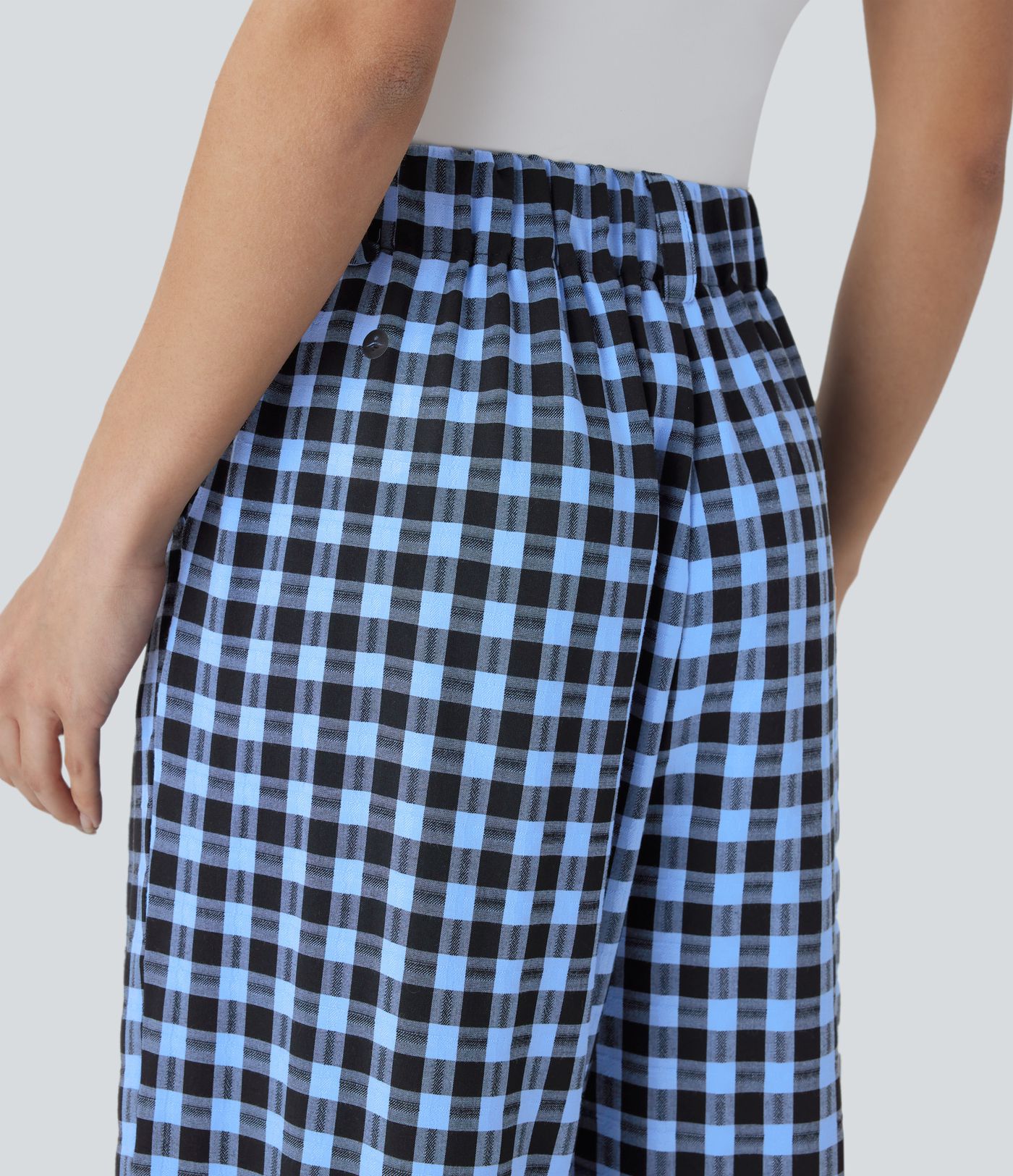 Pantalon décontracté à carreaux jambe large taille haute avec poches latérales