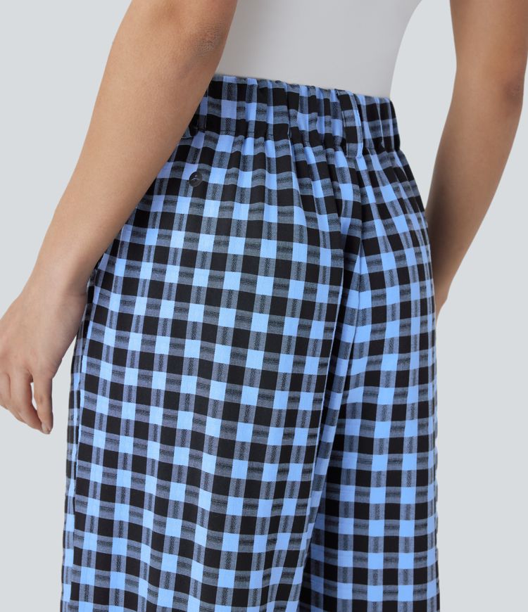 Pantalon décontracté à carreaux jambe large taille haute avec poches latérales