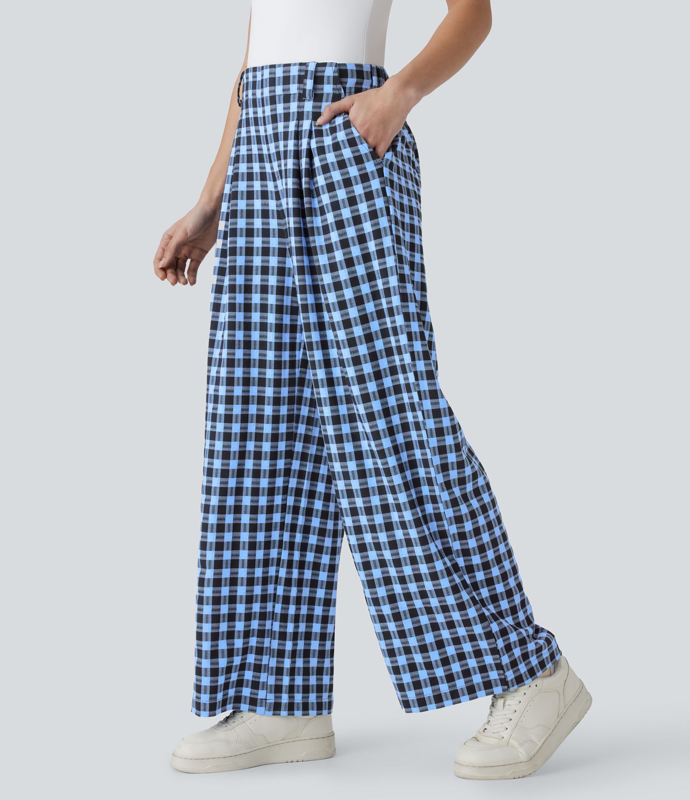 Pantalon décontracté à carreaux jambe large taille haute avec poches latérales