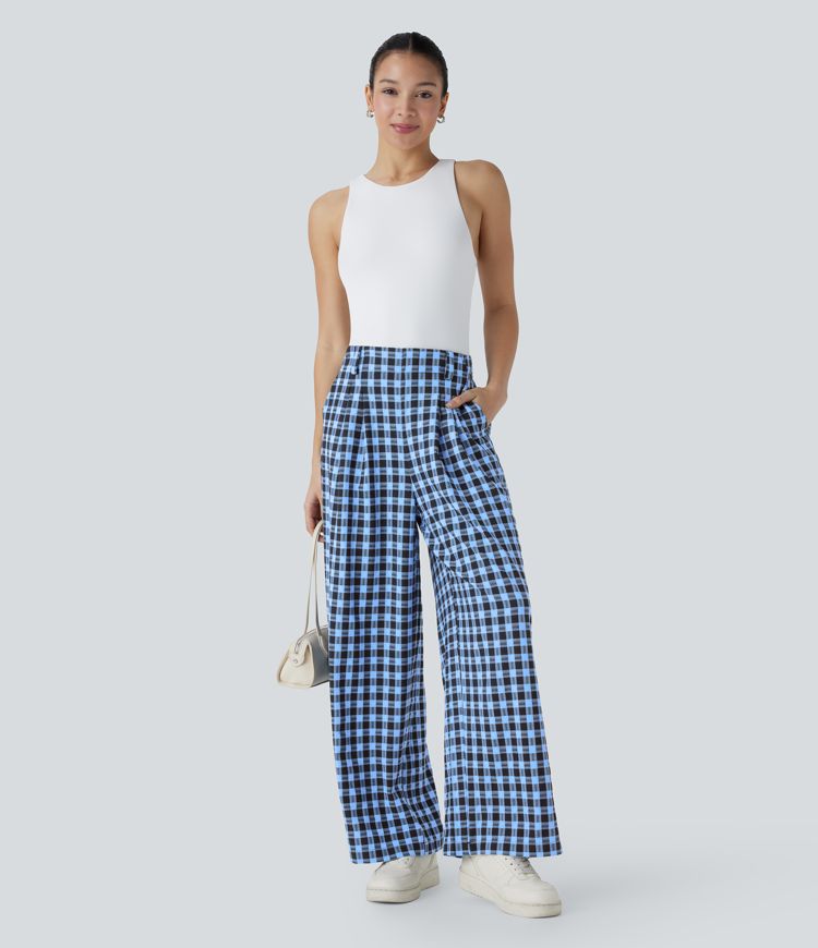 Pantalon décontracté à carreaux jambe large taille haute avec poches latérales