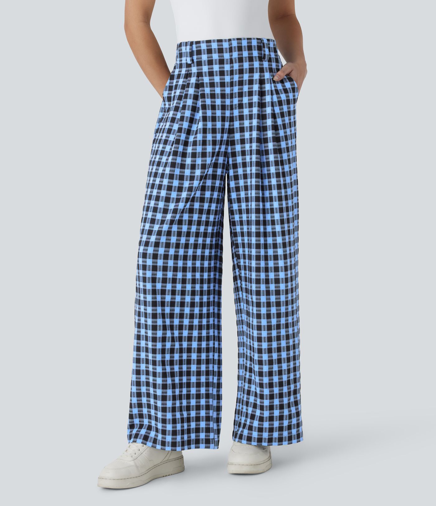 Pantalon décontracté à carreaux jambe large taille haute avec poches latérales