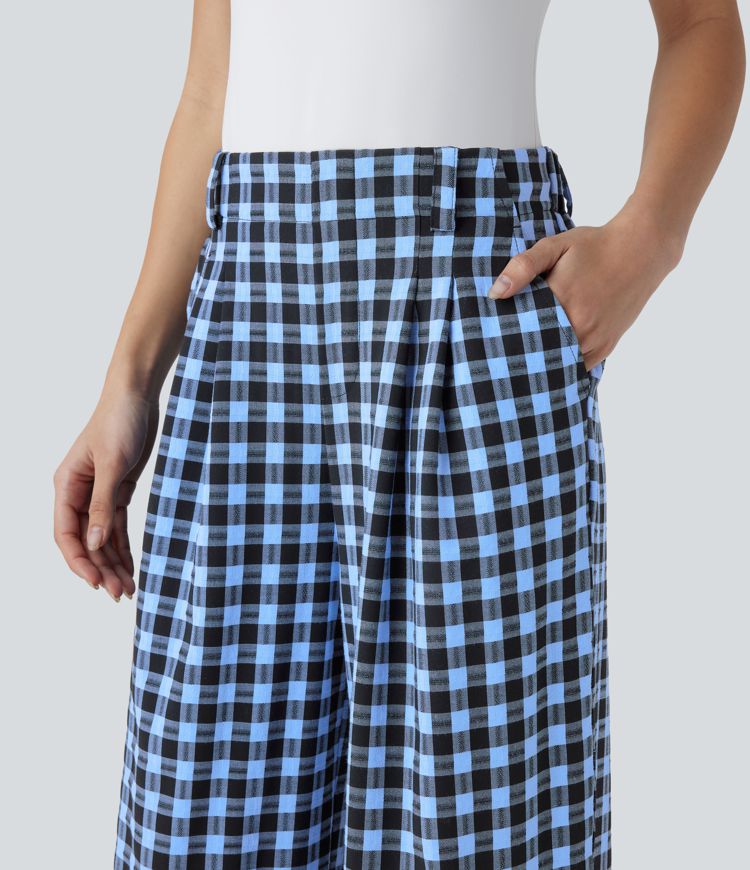 Pantalon décontracté à carreaux jambe large taille haute avec poches latérales