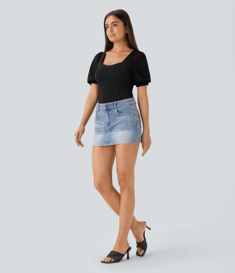 Softlyzero™ Airy Backless Sweetheart Neck Contrast Mesh Bishop Sleeve Button  Casual Bodysuit-UPF50+