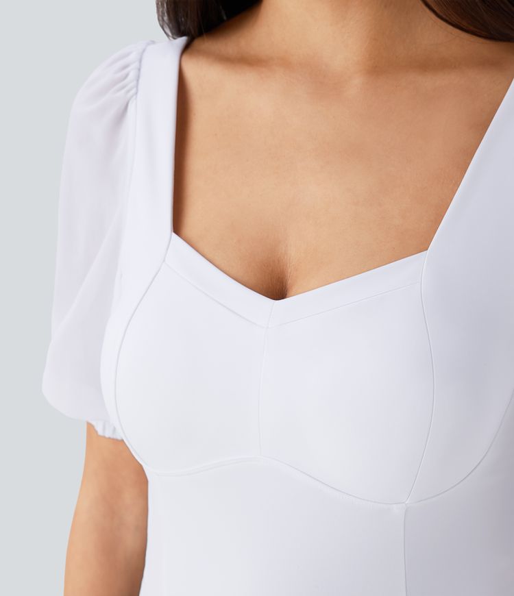 SoftlyZero™ Airy Sweetheart Neck Contrast Mesh Bishop Sleeve Cool Touch Casual Bodysuit-UPF50+