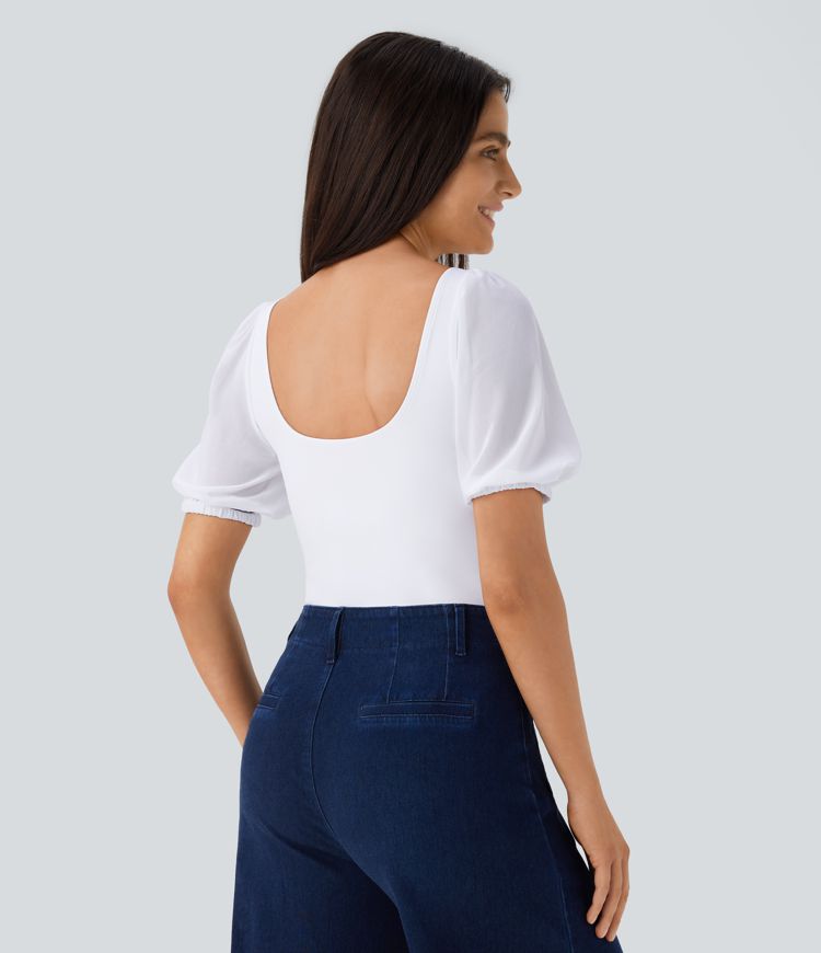 SoftlyZero™ Airy Sweetheart Neck Contrast Mesh Bishop Sleeve Cool Touch Casual Bodysuit-UPF50+