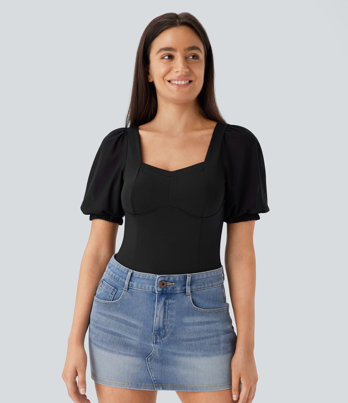 Softlyzero™ Airy Backless Sweetheart Neck Contrast Mesh Bishop Sleeve Button  Casual Bodysuit-UPF50+