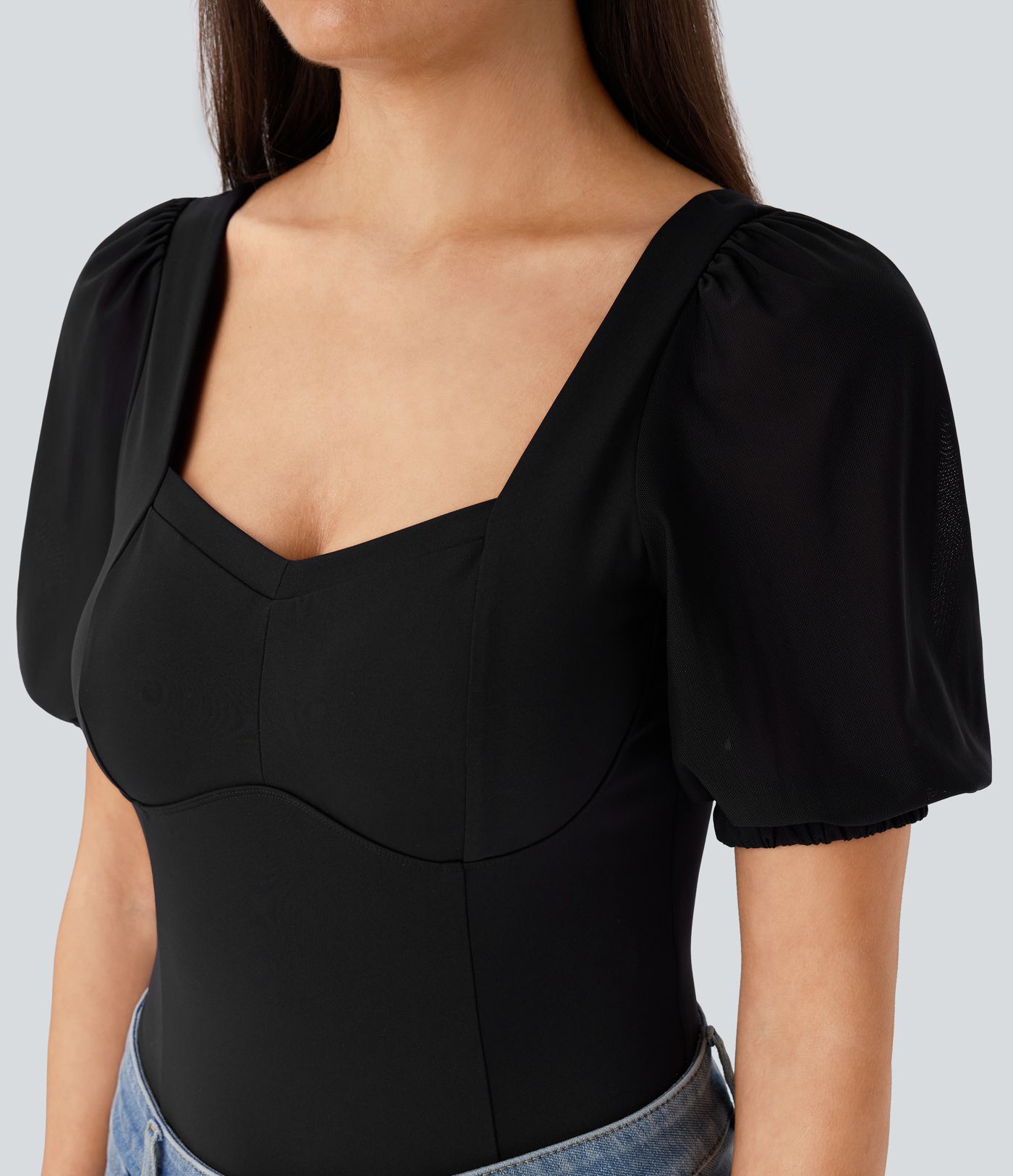Softlyzero™ Airy Backless Sweetheart Neck Contrast Mesh Bishop Sleeve Button  Casual Bodysuit-UPF50+
