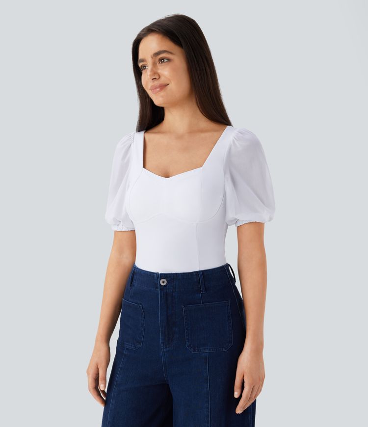 SoftlyZero™ Airy Sweetheart Neck Contrast Mesh Bishop Sleeve Cool Touch Casual Bodysuit-UPF50+