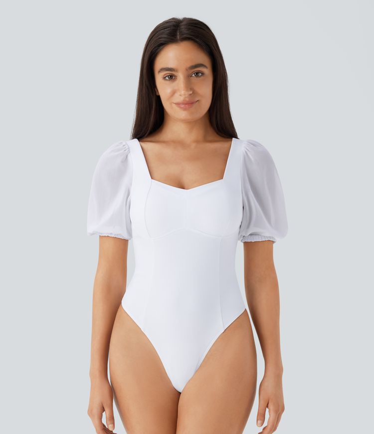 SoftlyZero™ Airy Sweetheart Neck Contrast Mesh Bishop Sleeve Cool Touch Casual Bodysuit-UPF50+