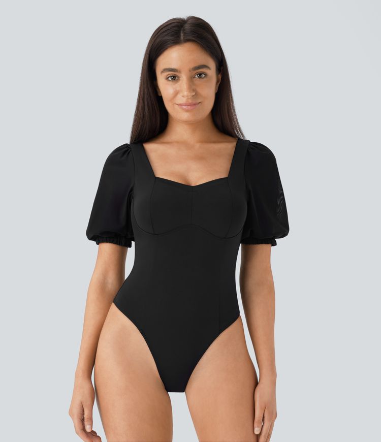 Softlyzero™ Airy Backless Sweetheart Neck Contrast Mesh Bishop Sleeve Button  Casual Bodysuit-UPF50+