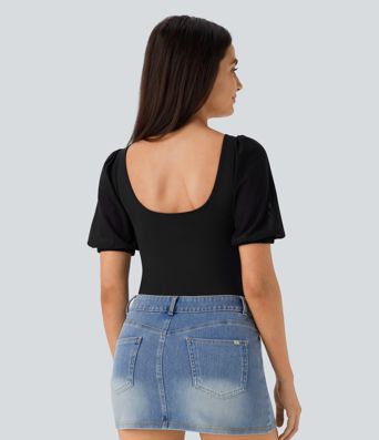 Softlyzero™ Airy Backless Sweetheart Neck Contrast Mesh Bishop Sleeve Button  Casual Bodysuit-UPF50+