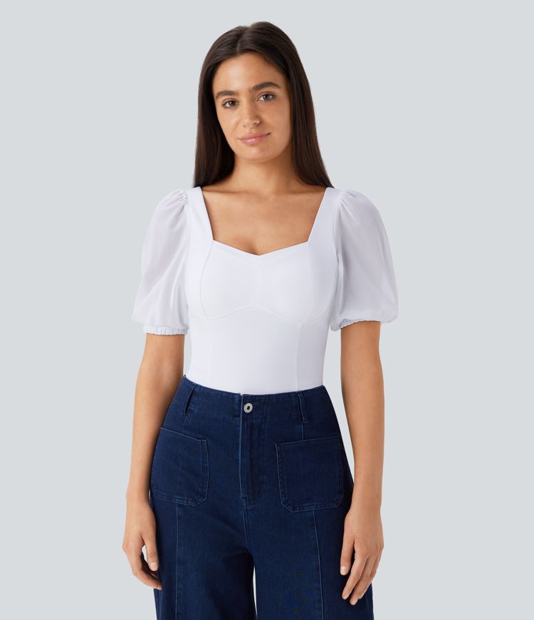 Softlyzero™ Airy Backless Sweetheart Neck Contrast Mesh Bishop Sleeve Button  Casual Bodysuit-UPF50+