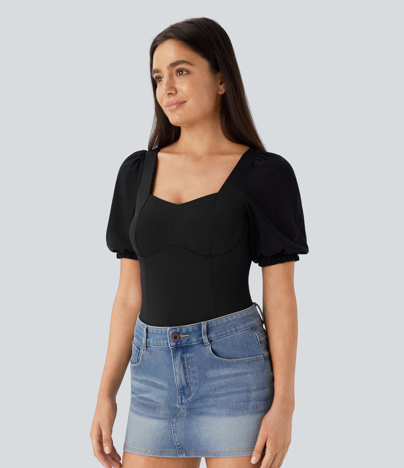 Softlyzero™ Airy Backless Sweetheart Neck Contrast Mesh Bishop Sleeve Button  Casual Bodysuit-UPF50+