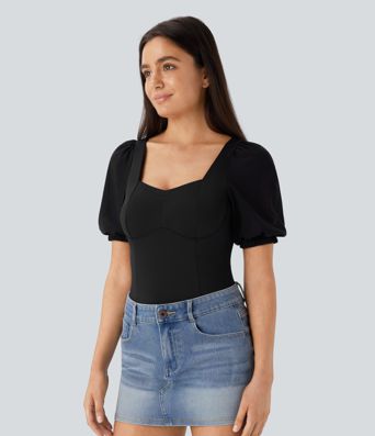 Softlyzero™ Airy Backless Sweetheart Neck Contrast Mesh Bishop Sleeve Button  Casual Bodysuit-UPF50+