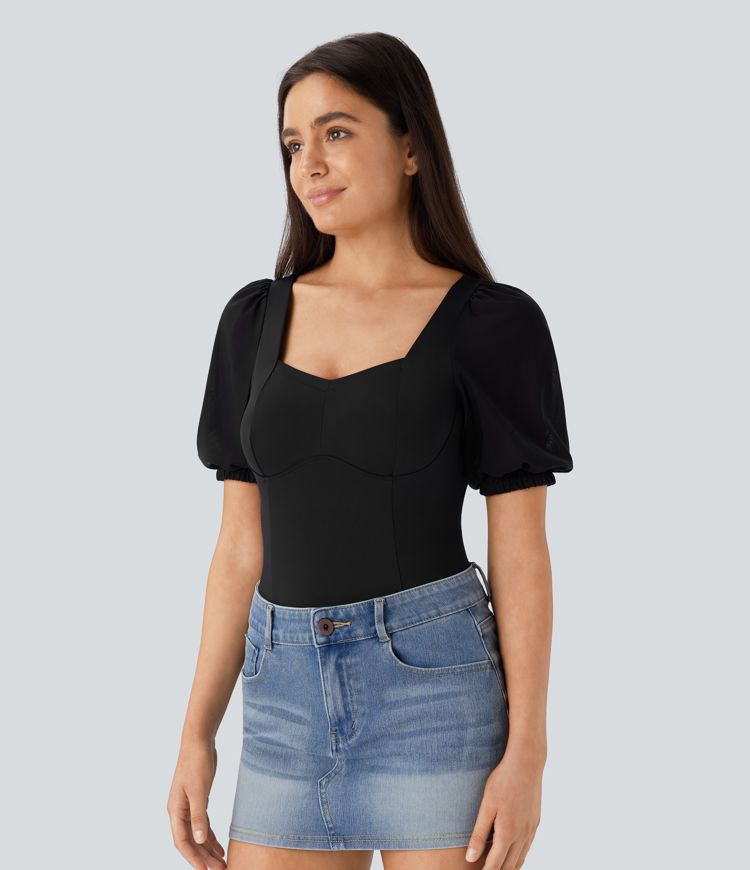 Softlyzero™ Airy Backless Sweetheart Neck Contrast Mesh Bishop Sleeve Button  Casual Bodysuit-UPF50+