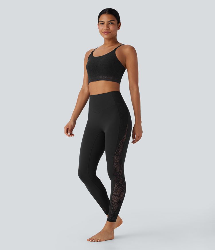 SoftlyZero™ High Waisted Pocket Contrast Lace Yoga Leggings-UPF50+