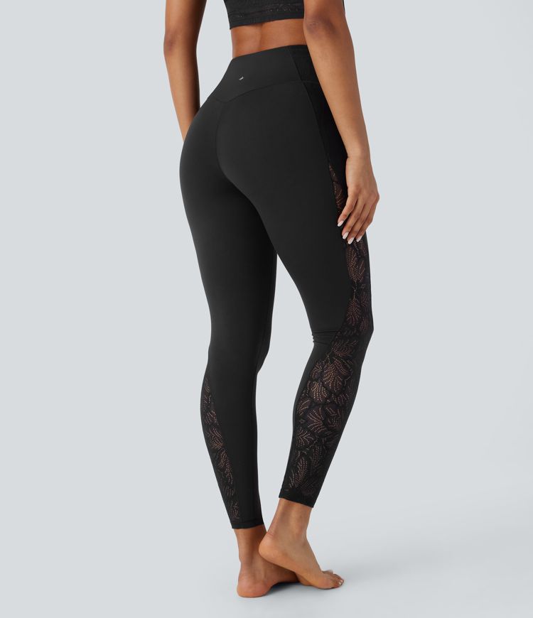 SoftlyZero™ High Waisted Pocket Contrast Lace Yoga Leggings-UPF50+