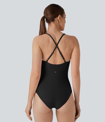 Maillot de bain une pièce côtelé avec découpe anneau et bretelles ajustables Maillot de bain une pièce côtelé avec découpe anneau et bretelles ajustables