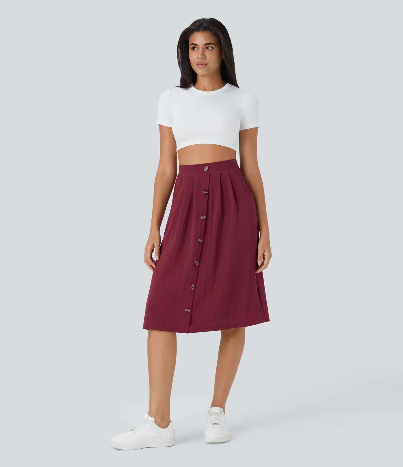 Jupe Midi Casual en Lin avec Taille Haute et Poches en Ligne A