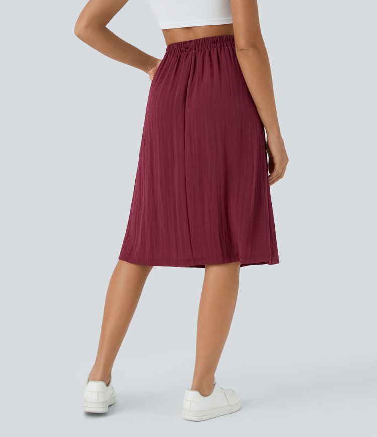 High Waisted Side Pocket Button A Line Midi Casual Linen-Feel Skirt