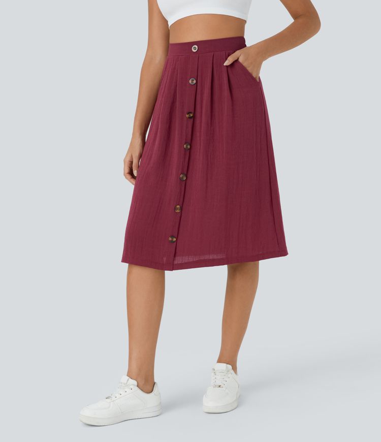 High Waisted Side Pocket Button A Line Midi Casual Linen-Feel Skirt