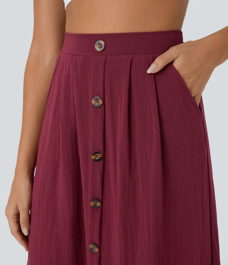 High Waisted Side Pocket Button A Line Midi Casual Linen-Feel Skirt