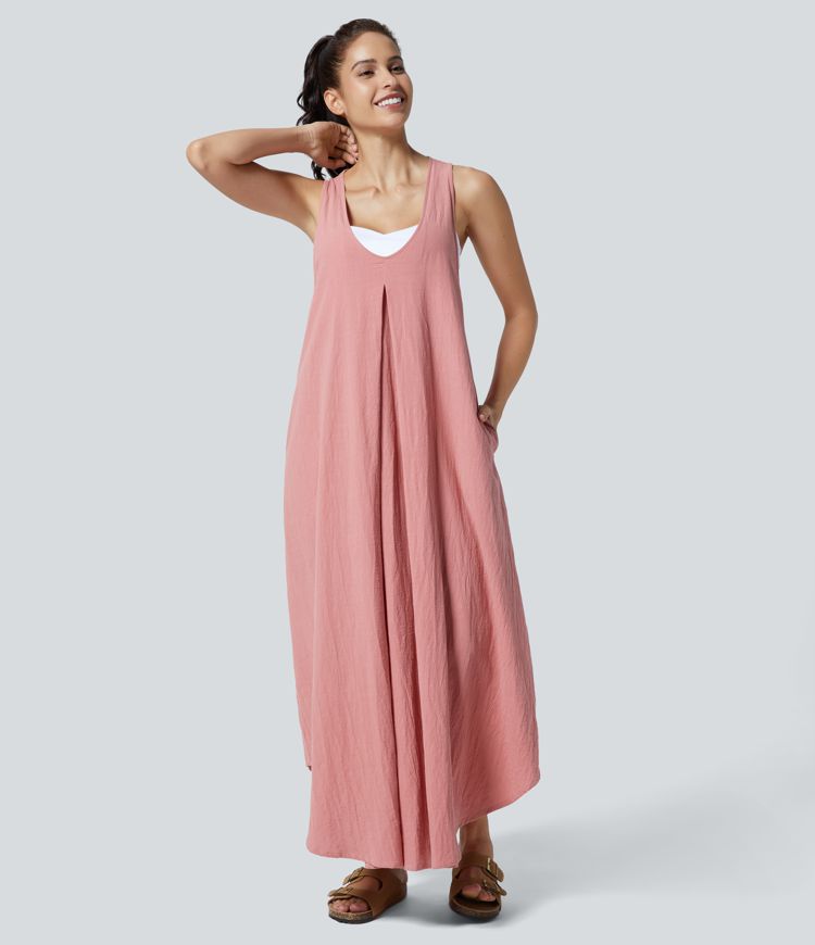 U Neck Sleeveless Side Pocket Flowy Maxi Casual Linen-Feel Dress