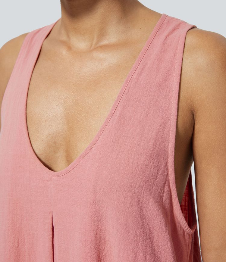 U Neck Sleeveless Side Pocket Flowy Maxi Casual Linen-Feel Dress