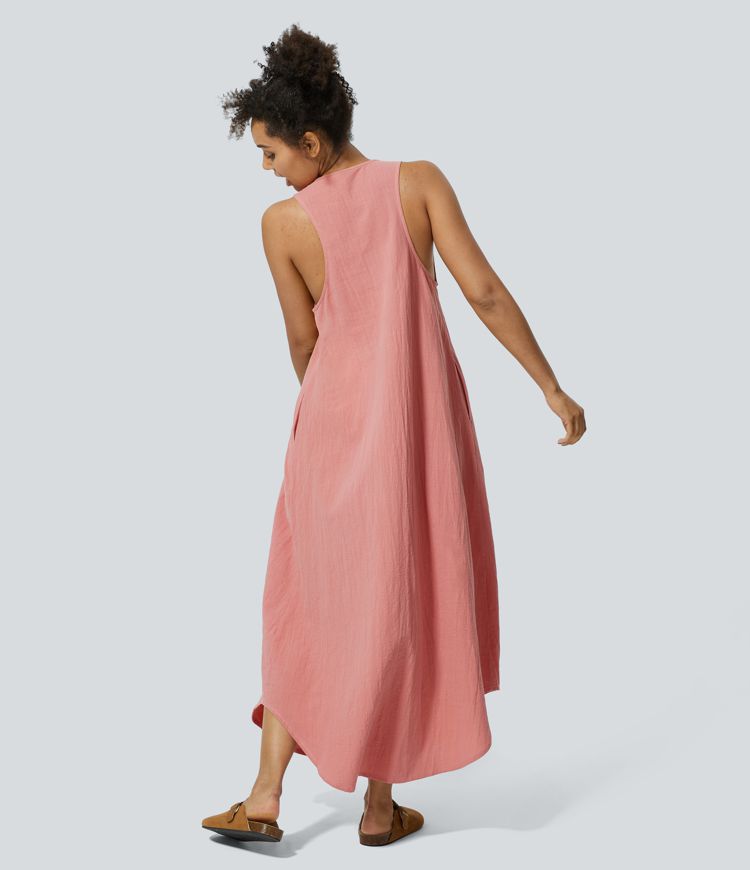 U Neck Sleeveless Side Pocket Flowy Maxi Casual Linen-Feel Dress