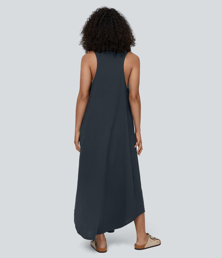 Ärmelloses, plissiertes Flowy-Maxi-Kleid aus Baumwolle mit U-Ausschnitt und Seitentaschen