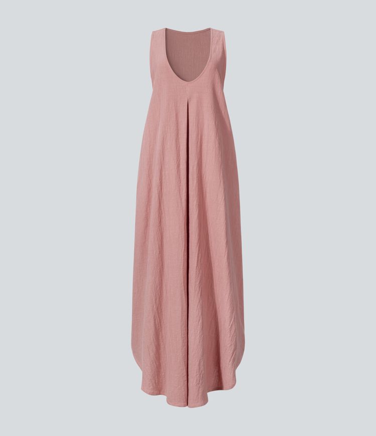 U Neck Sleeveless Side Pocket Flowy Maxi Casual Linen-Feel Dress