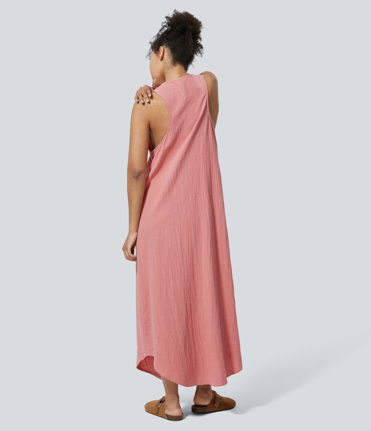 U Neck Sleeveless Side Pocket Flowy Maxi Casual Linen-Feel Dress