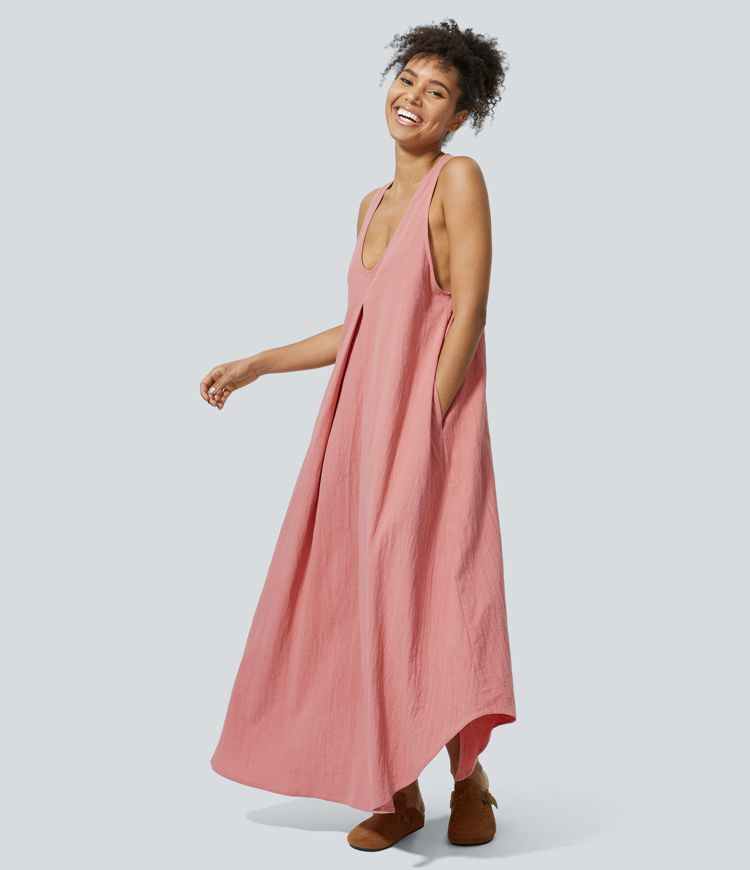 U Neck Sleeveless Side Pocket Flowy Maxi Casual Linen-Feel Dress
