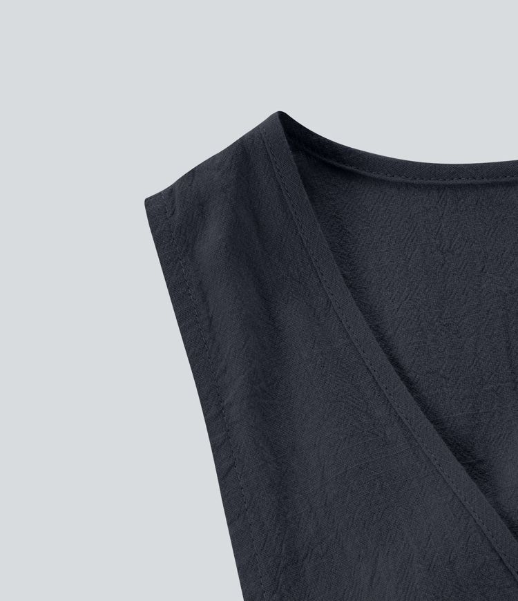 Ärmelloses, plissiertes Flowy-Maxi-Kleid aus Baumwolle mit U-Ausschnitt und Seitentaschen