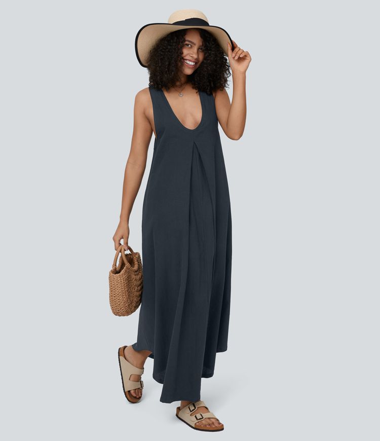 Ärmelloses, plissiertes Flowy-Maxi-Kleid aus Baumwolle mit U-Ausschnitt und Seitentaschen