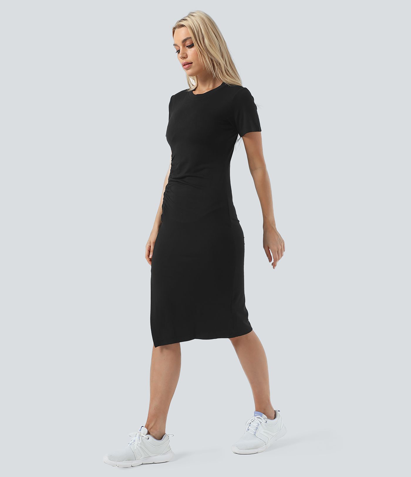 Alltägliches, gerafftes Midi-Kleid aus Baumwoll mit Schlitz am Saum-Wonder
