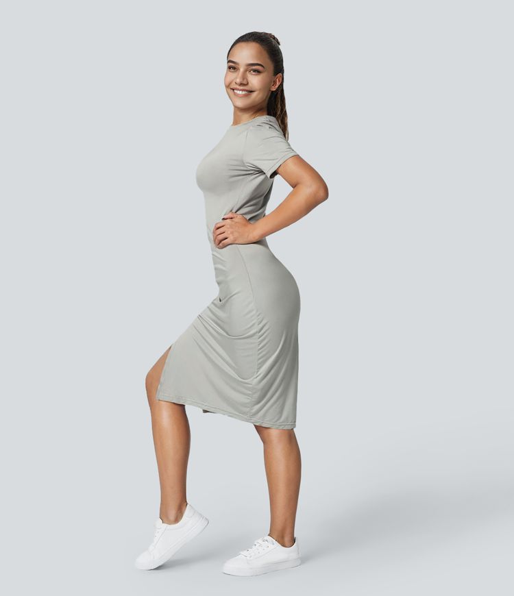 Everyday Ruched Split Hem Midi Chill Dress-Wonder