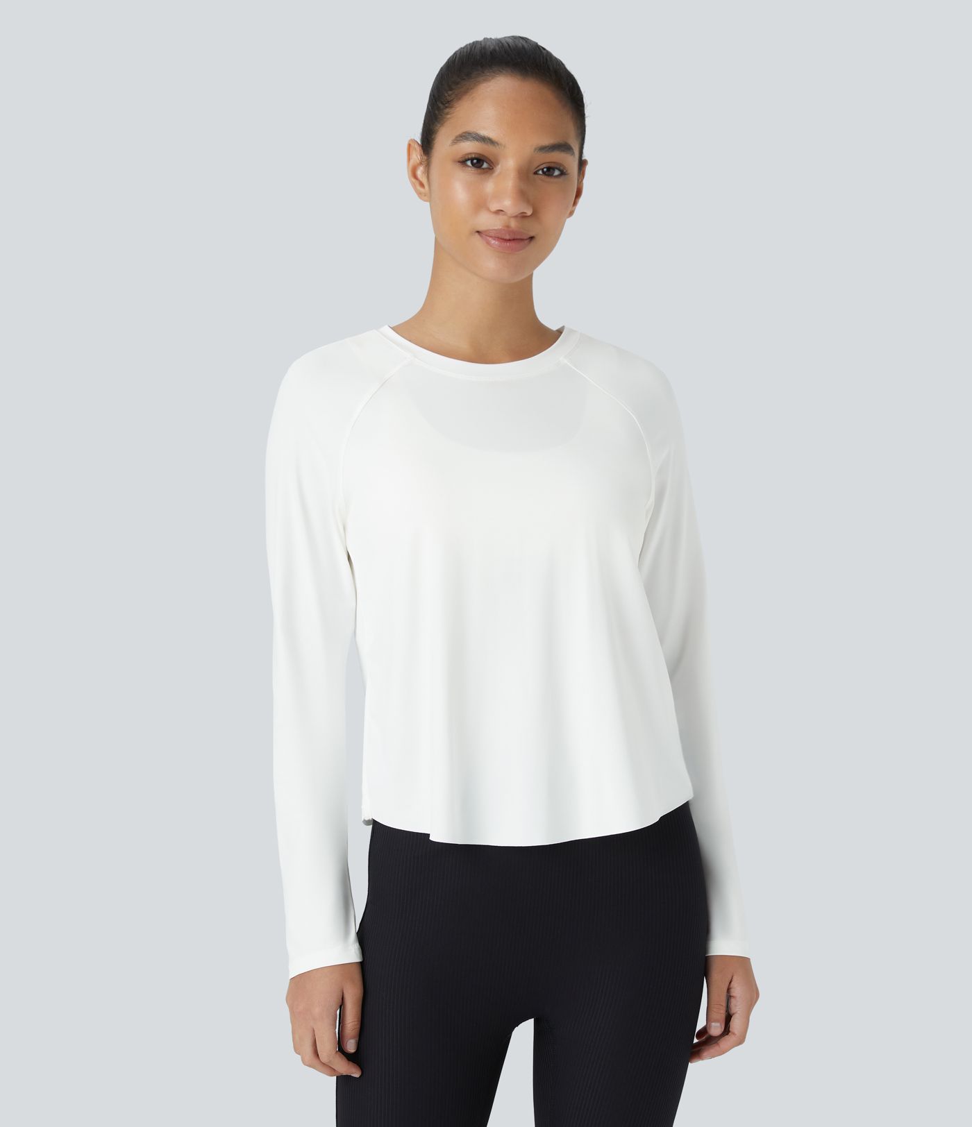 Contrast Mesh Split Hem Long Sleeve Cool Touch Yoga Sports Top - UPF50+