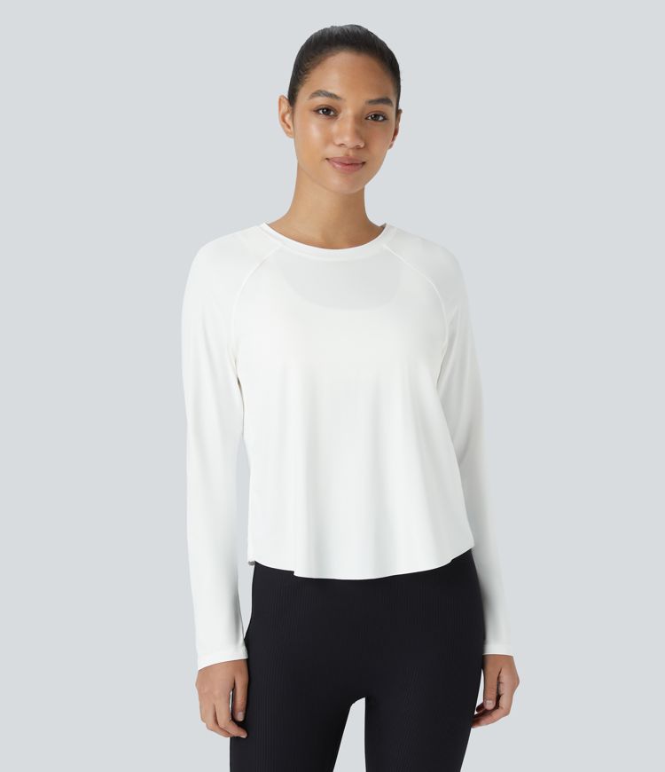 Contrast Mesh Hem Long Sleeve Cool Touch Yoga Sports Top-UPF50+