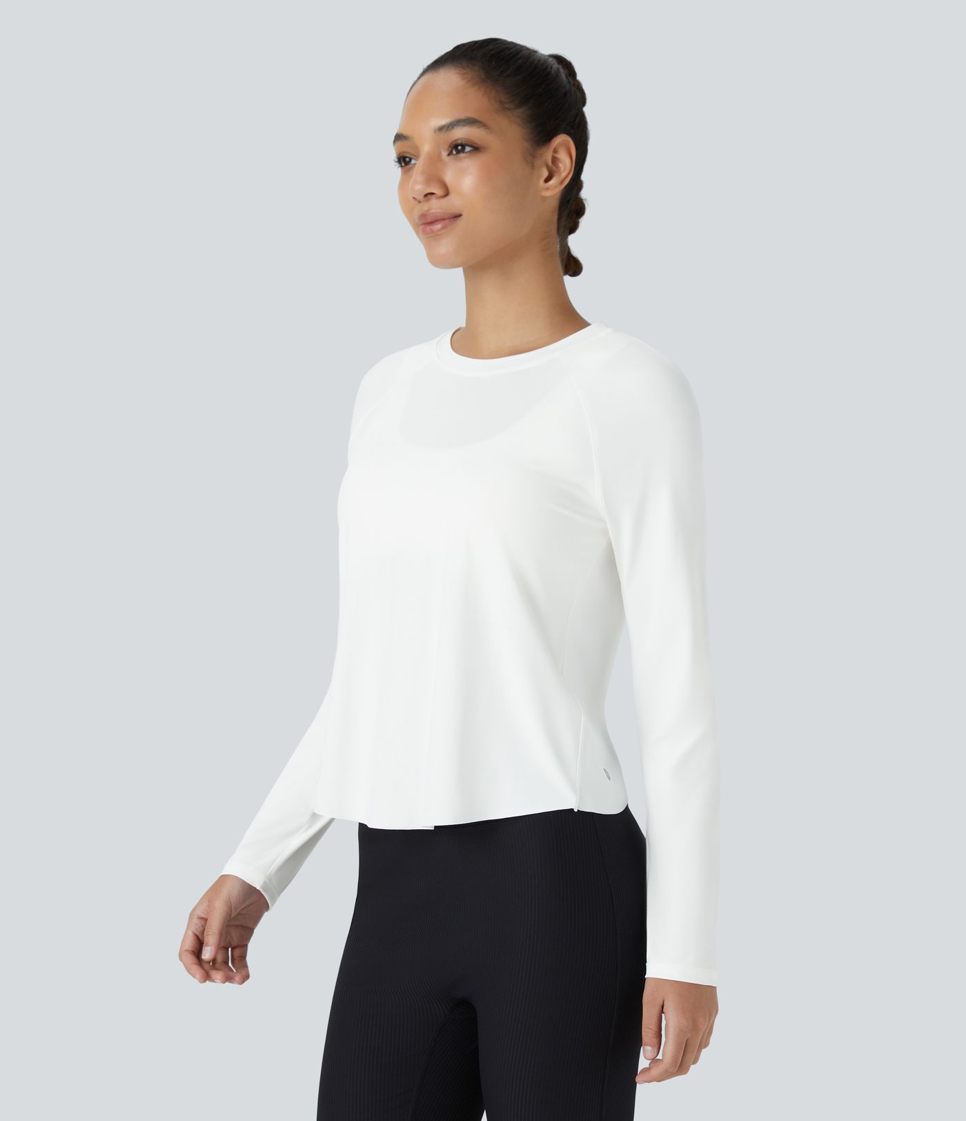 Contrast Mesh Split Hem Long Sleeve Cool Touch Yoga Sports Top - UPF50+