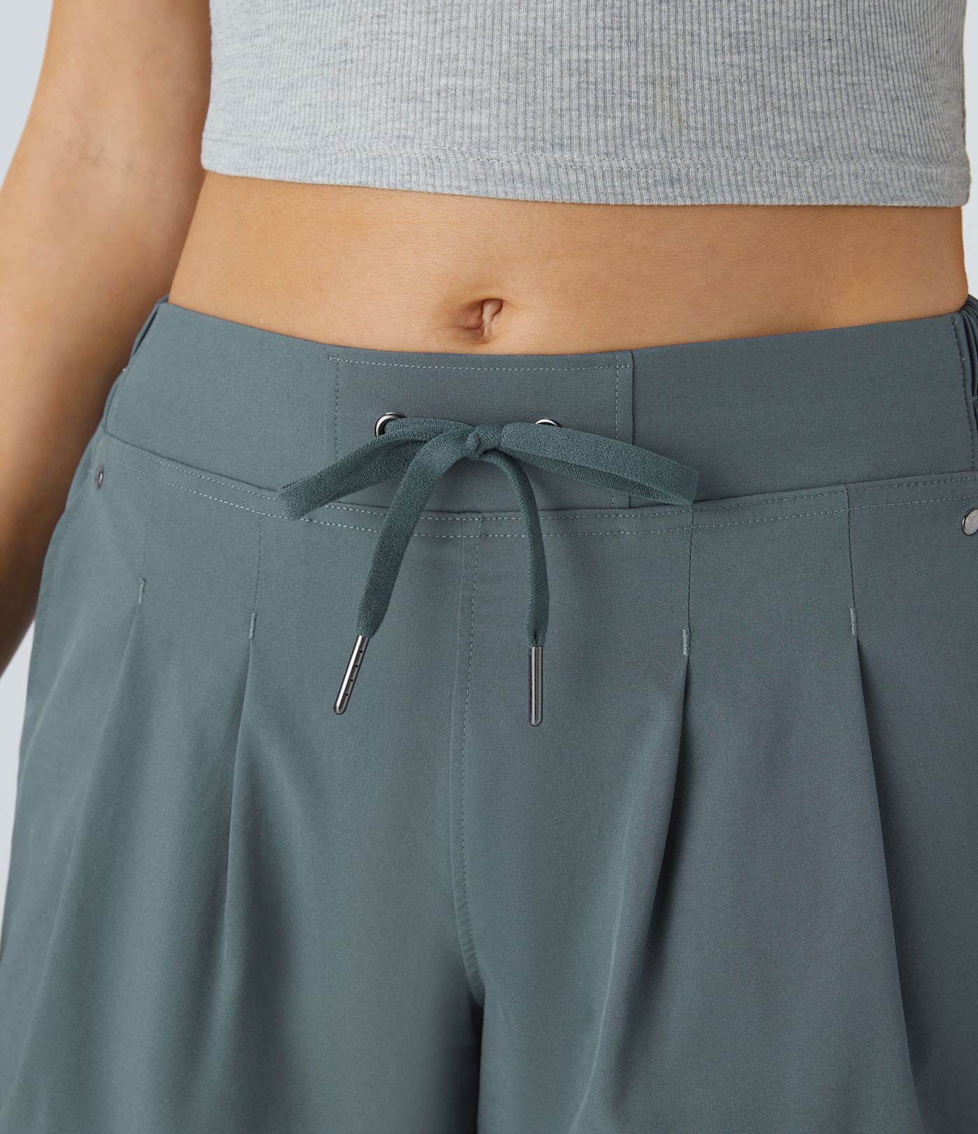 Mid waist drawstring wrinkled multiple pocket casual shorts