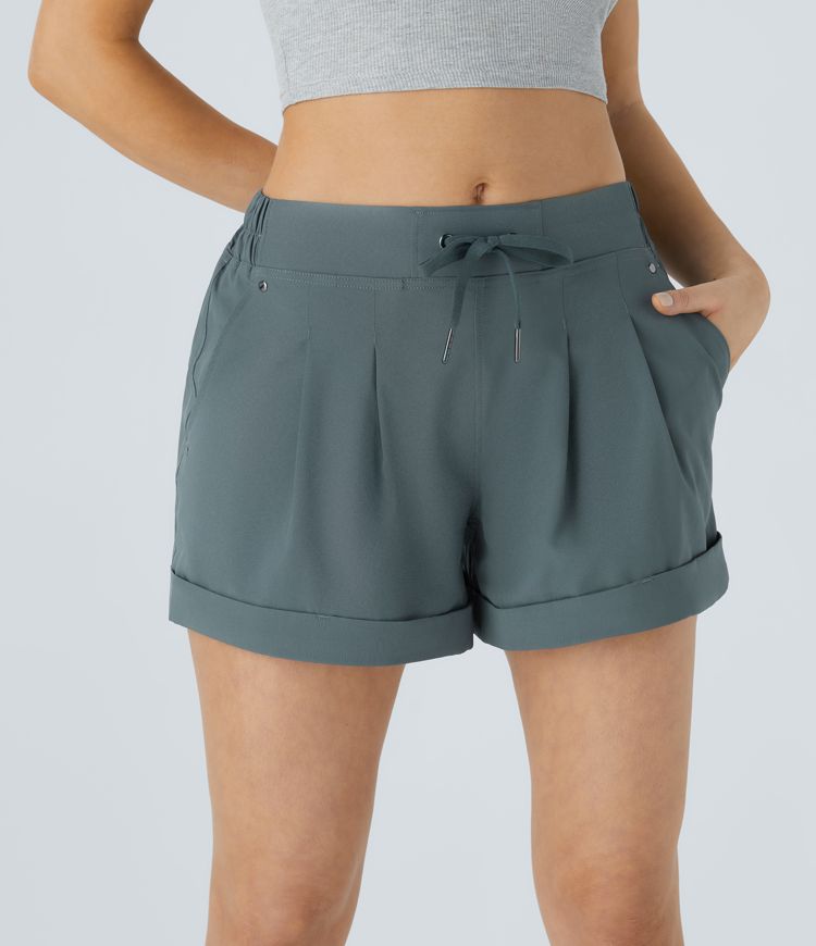 Short Casual à Taille Moyenne avec Cordon de Serrage Plissés et Multiples Poches