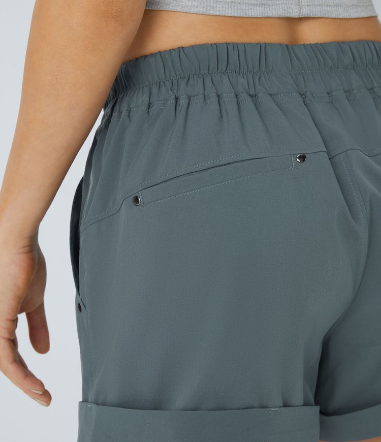 Short Casual à Taille Moyenne avec Cordon de Serrage Plissés et Multiples Poches