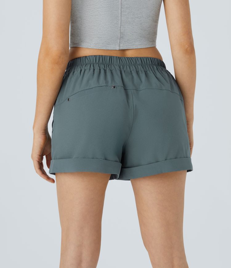 Short Casual à Taille Moyenne avec Cordon de Serrage Plissés et Multiples Poches