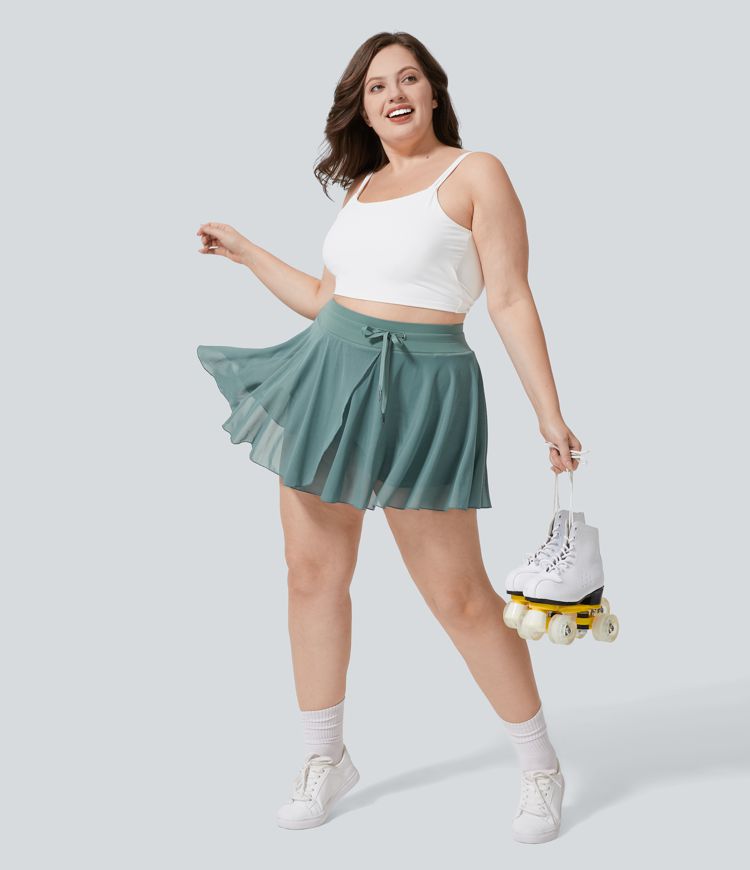 High Waisted Drawstring Contrast Mesh 2-in-1 Side Pocket Flowy Mini Flare Casual Plus Size Skirt