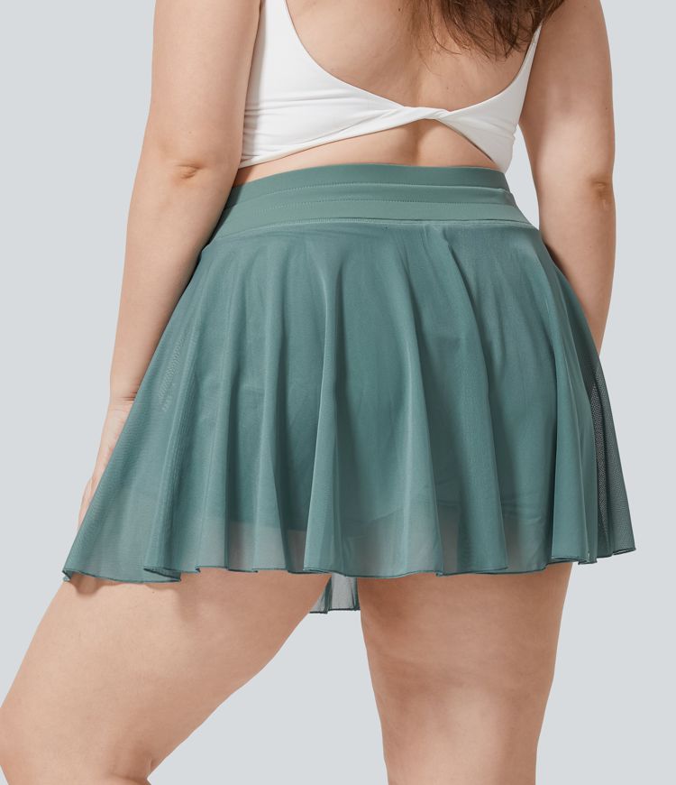 High Waisted Drawstring Contrast Mesh 2-in-1 Side Pocket Flowy Mini Flare Casual Plus Size Skirt