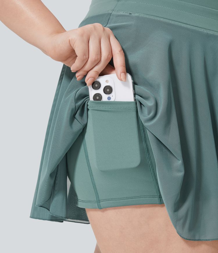 High Waisted Drawstring Contrast Mesh 2-in-1 Side Pocket Flowy Mini Flare Casual Plus Size Skirt