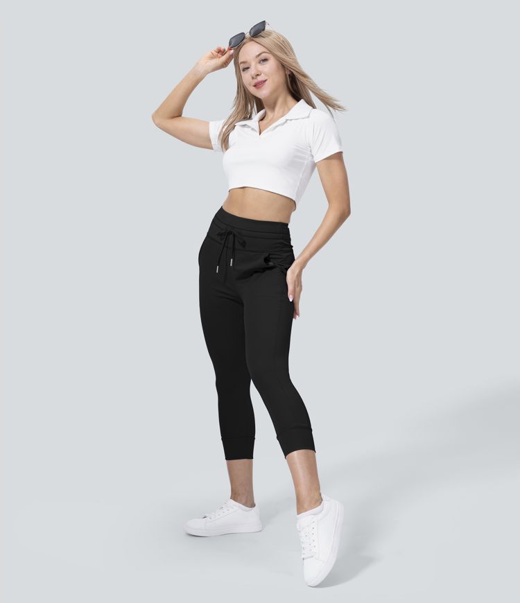 SoftlyZero™ Plush High Waisted Drawstring Pocket Plain Capri Yoga Joggers